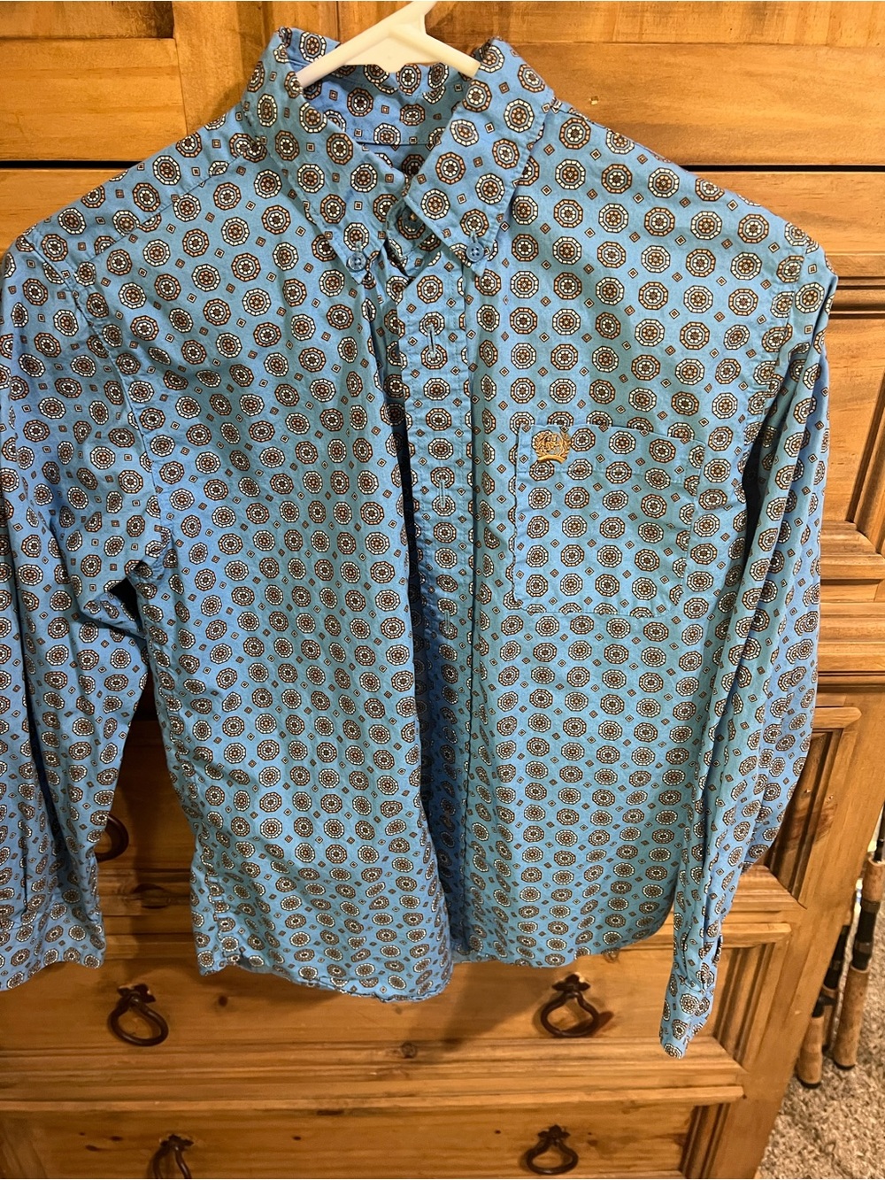 Boys Cinch Light Blue Button-Down Shirt with Brown Circular Print